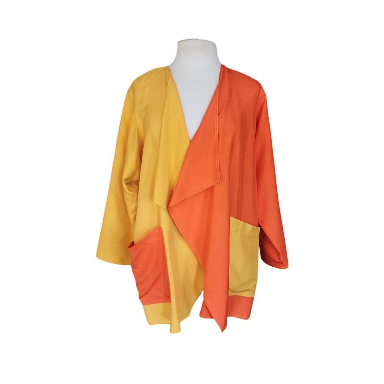 VTG 90s Duster Jacket Silk Yellow Orange Colorblock Blazer Victoria March Chicago