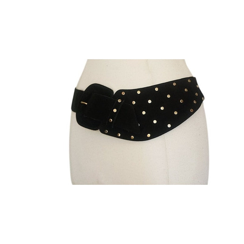 Leather Shop Belt Black Leather Studded Asymmetric Front Elastic Waist Gold Tone