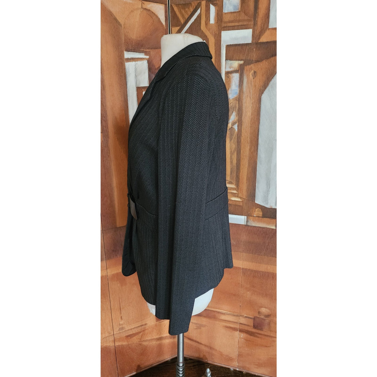 Vintage Y2K Armani Blazer 2000s Jacket Gray Herringbone Wool Buckle Closure Large