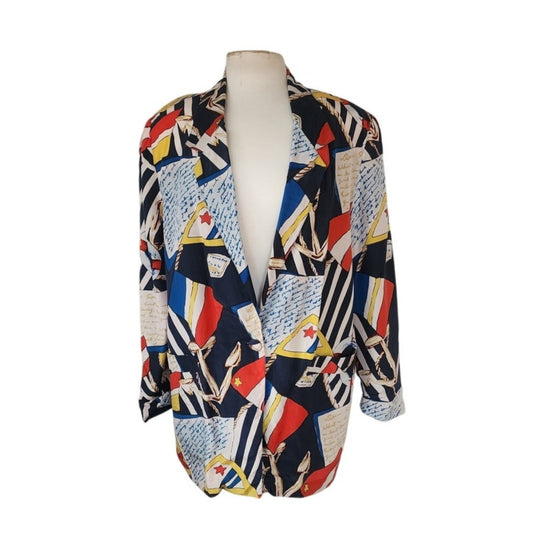 Vintage 80s Oversized Blazer Silk Nautical Print Jacket Carol Horn Workshop / L