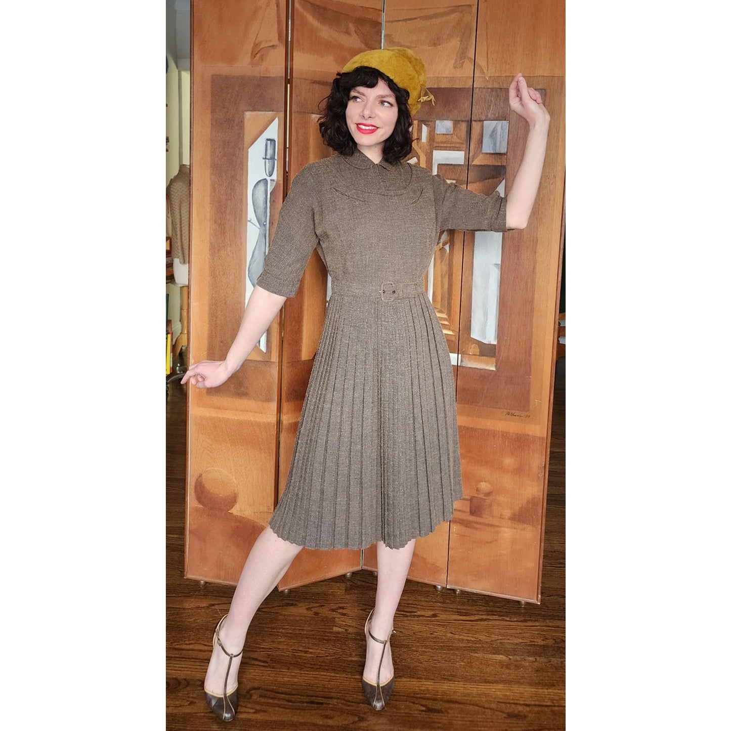 Vintage 40s Day Dress Textured Belted Brown Olive Green Kabro of Houston