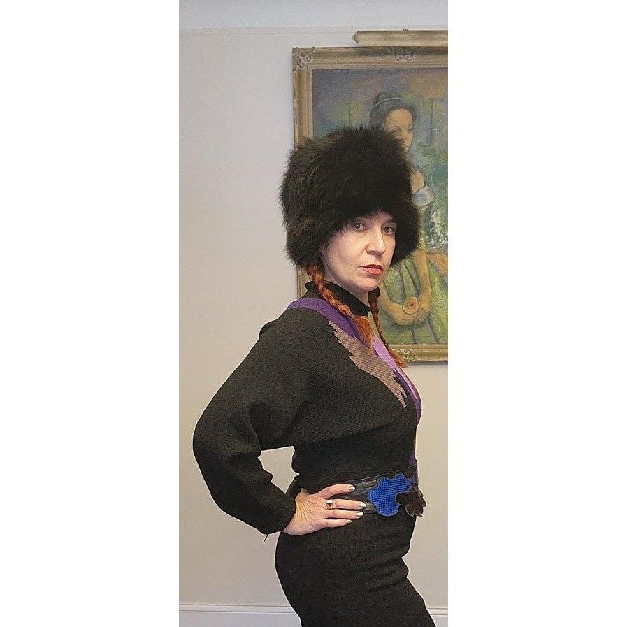 Vintage 1970s Sweater Dress by ADOLFO Saks Fifth Avenue Purple Pink Black Abstract Knit / M