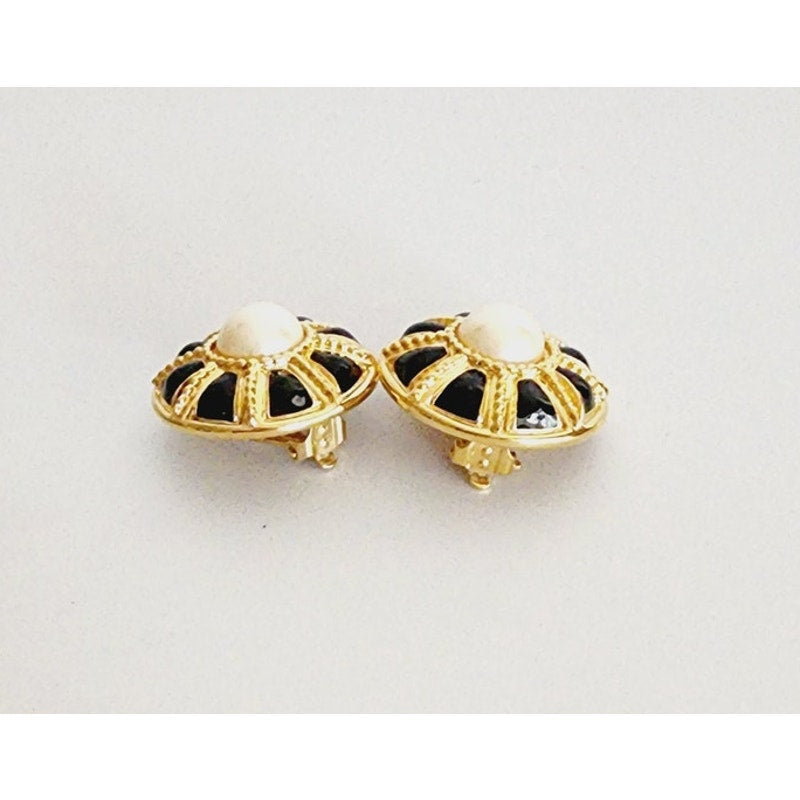 Vintage St John Earrings Clips Gold Pearl Black Enamel Button Style