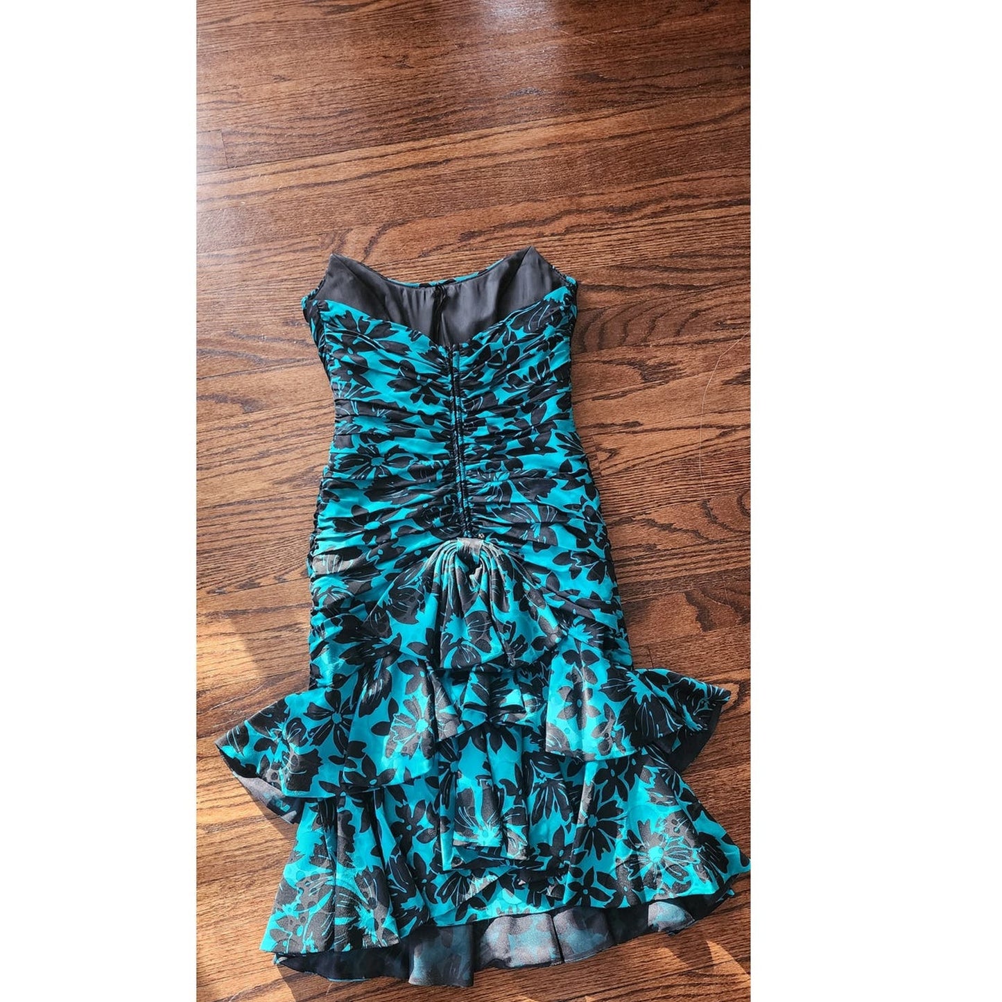 Vintage 80s Strapless Party Dress Teal Black Floral Print