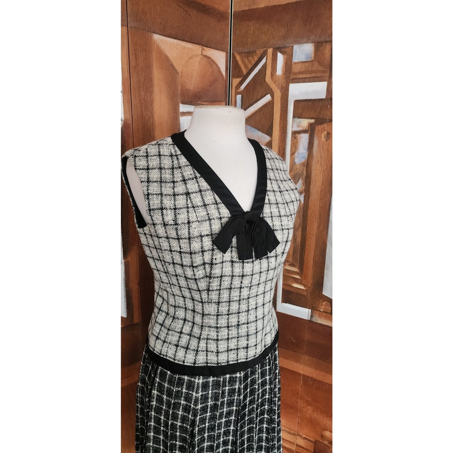 Vintage 1960s Mod Suit Pleated Midi Skirt + Top Gray Black Wool Tweed Geometric Schoolgirl
