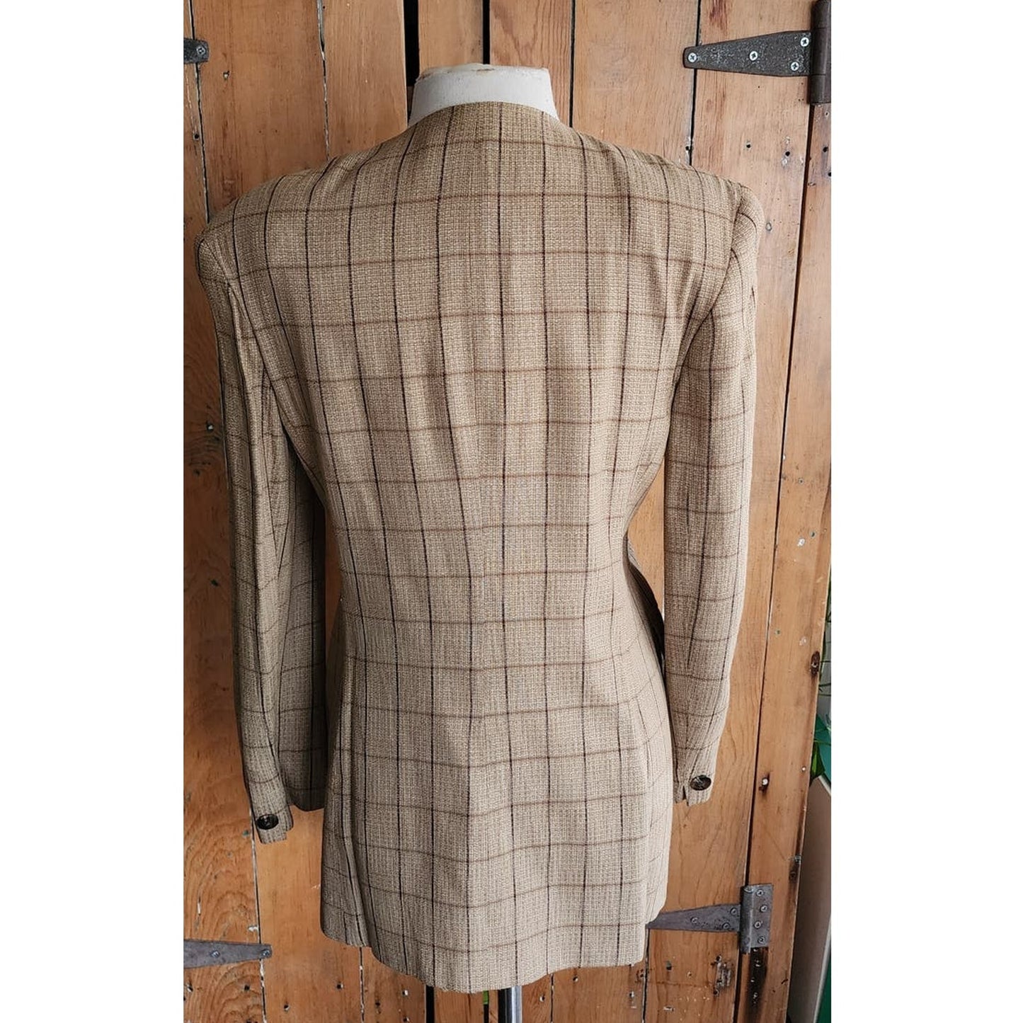 Vintage 80s Blazer Beige Windowpane Plaid Rena Rowan