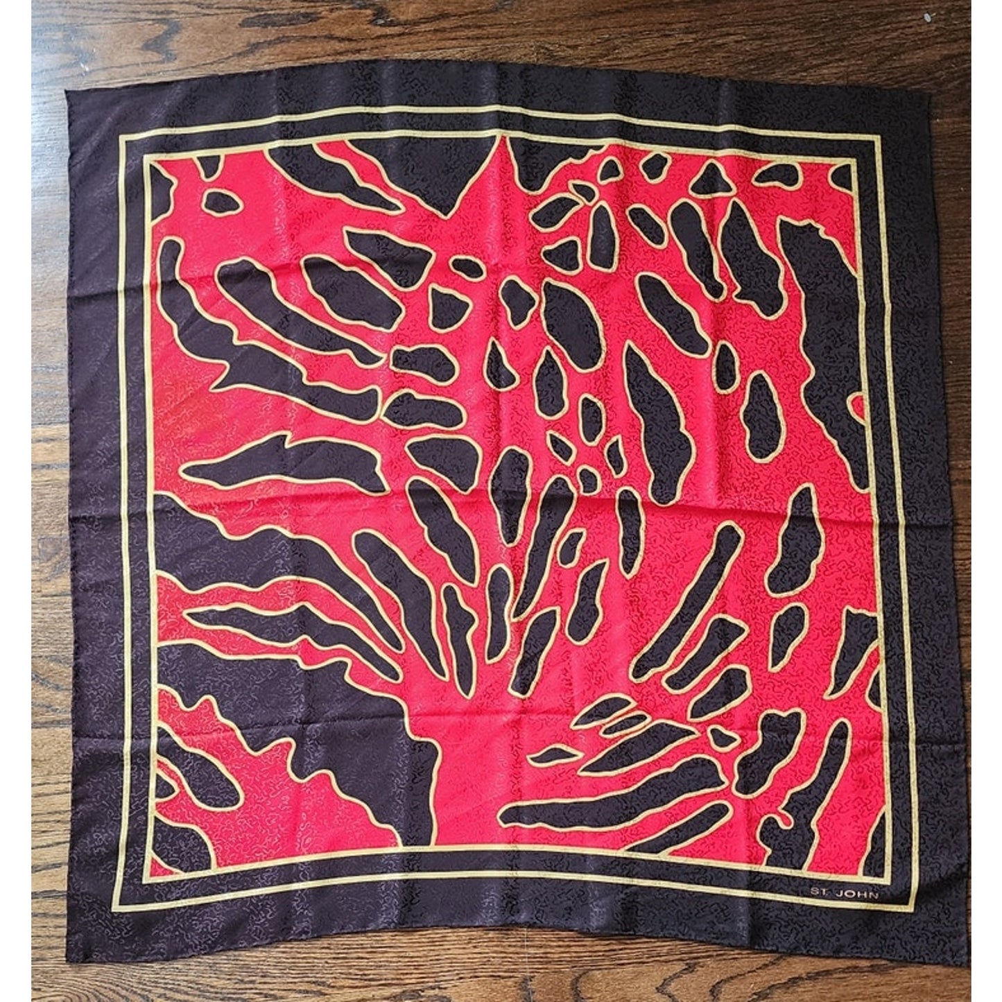 Vintage St John Knit Scarf Silk Print Square Red Black Gold Square