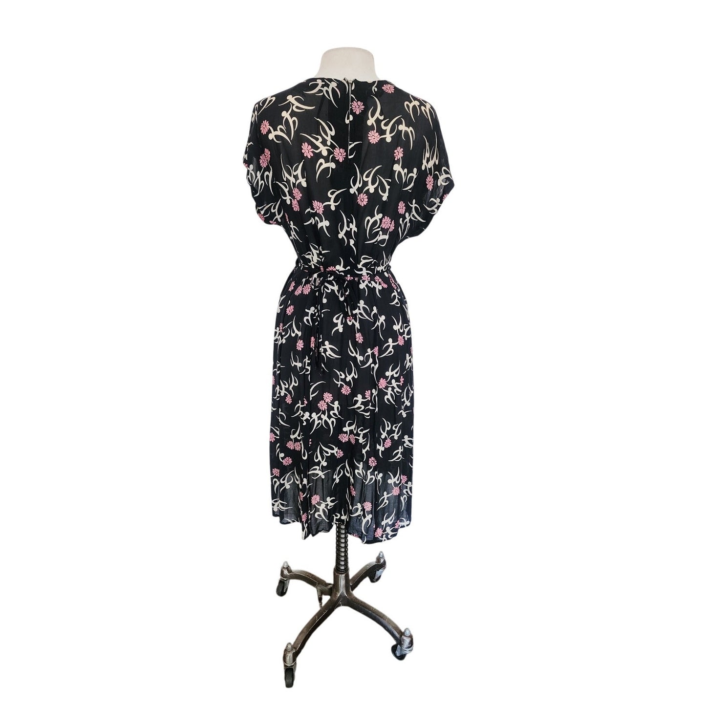 Vintage 30s Rayon Print Maternity Dress Adjustable Tie Sash Dark Floral Print