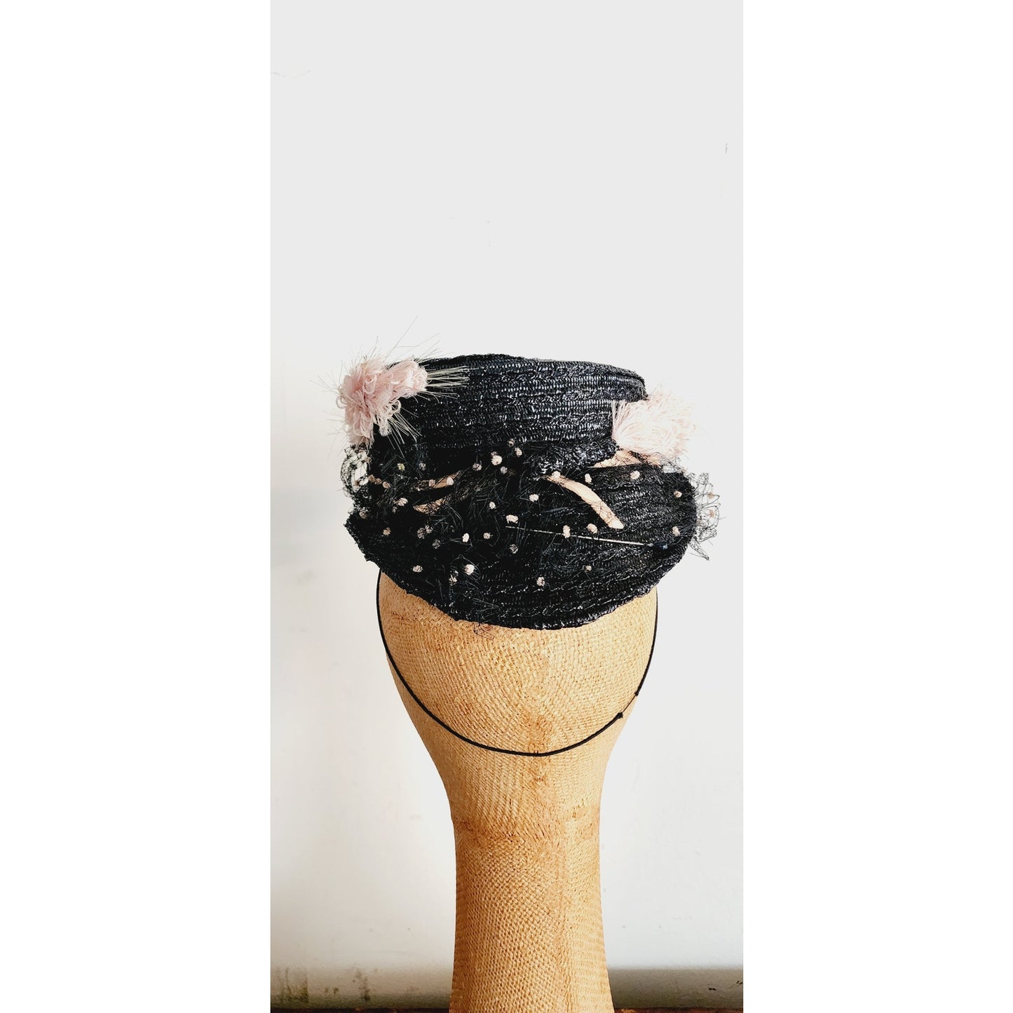 Vintage 1940s Tilt Top Boater Hat Black Straw & Pink Trim