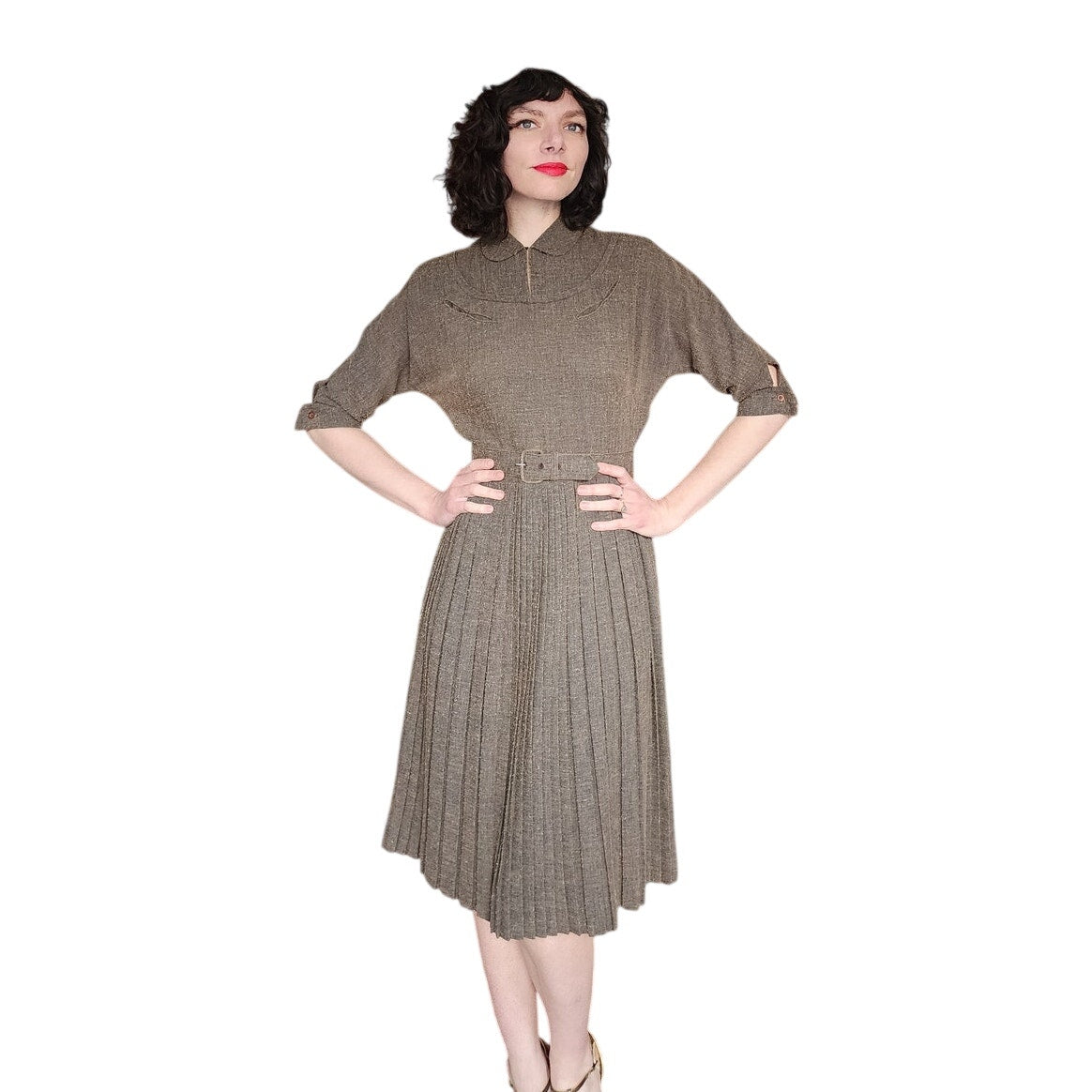 Vintage 40s Brown day Dress w/Belt Nubby Texture Kabro of Houston