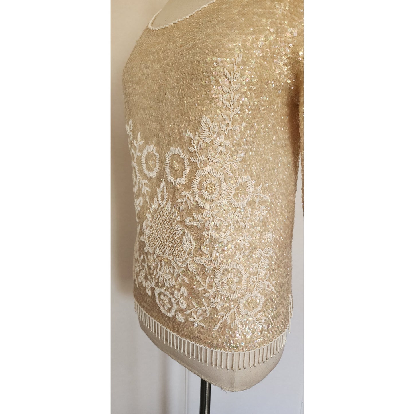 Vintage 60s Beaded Sequined Top Cream Wool Long Sleeved Regalia Imports Hong Kong