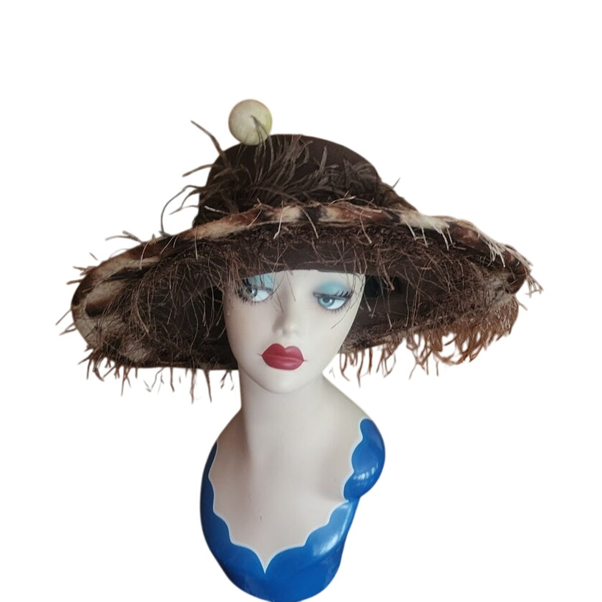 Vintage Y2K Oversized Hat Wide Brim Animal Print Feathers Handmade Chapeau Puccio