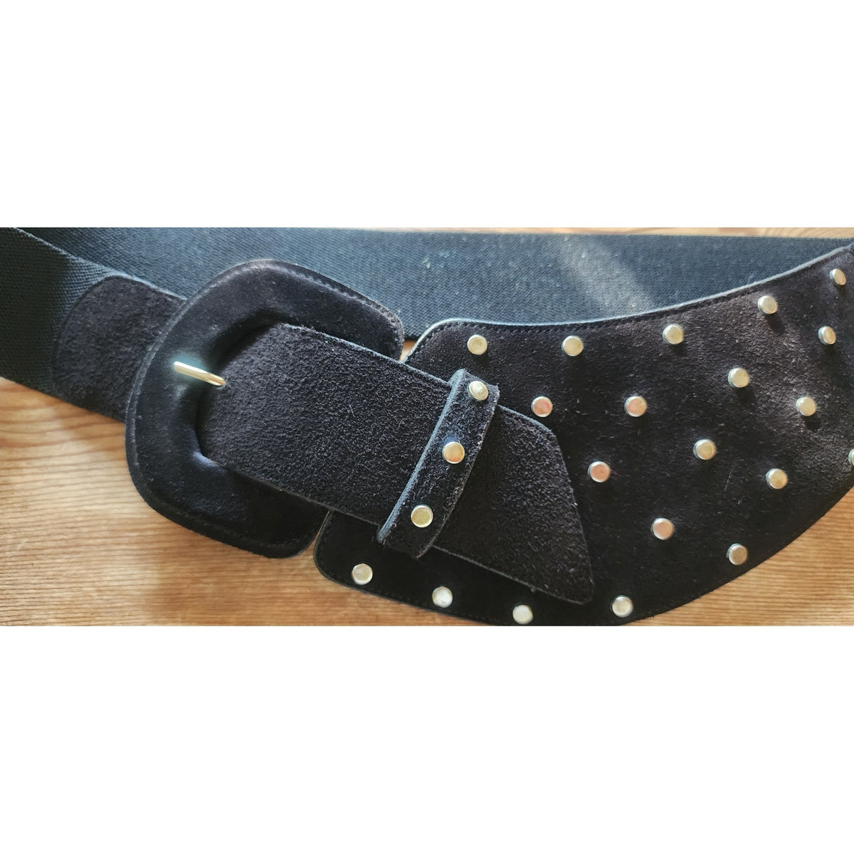 Leather Shop Belt Black Leather Studded Asymmetric Front Elastic Waist Gold Tone