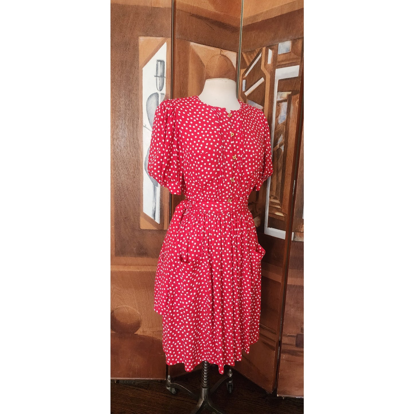Vintage 1980s Sonia Rykiel Dress Red Polka Dot Rayon Short Sleeved Midi w/Belt