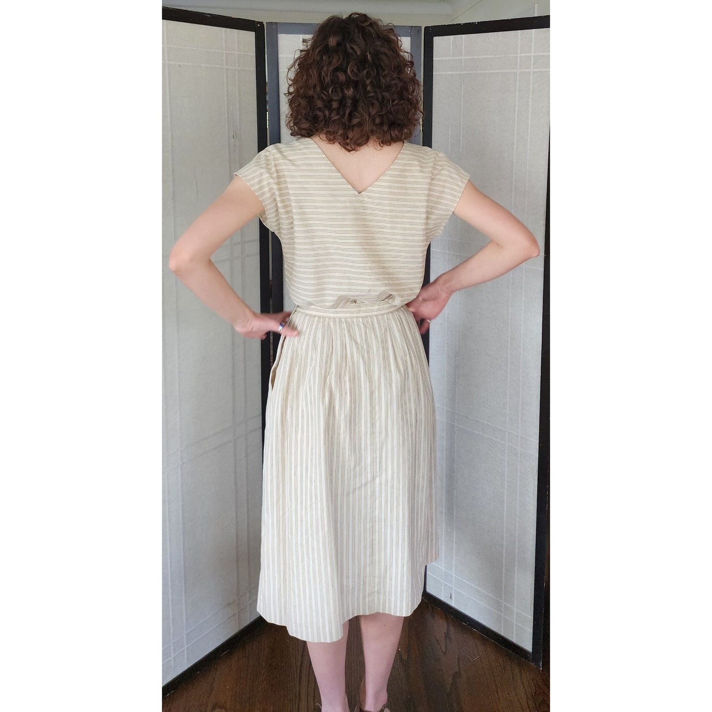 Vintage 80s Striped Print Top + Skirt Set Beige by Phil Carry / S