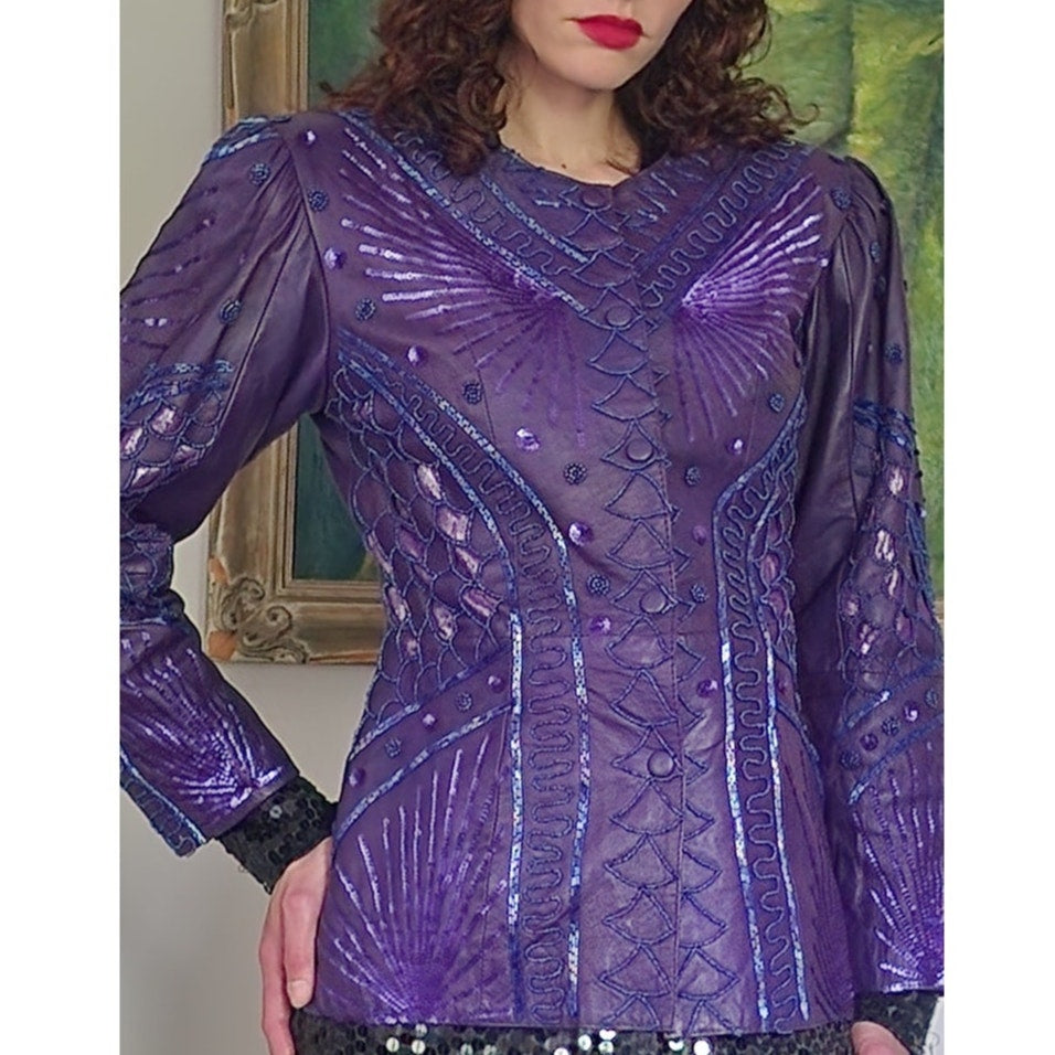 Vintage 80s Purple Leather Blazer Beaded Sequined Jacket French Collizioni / M