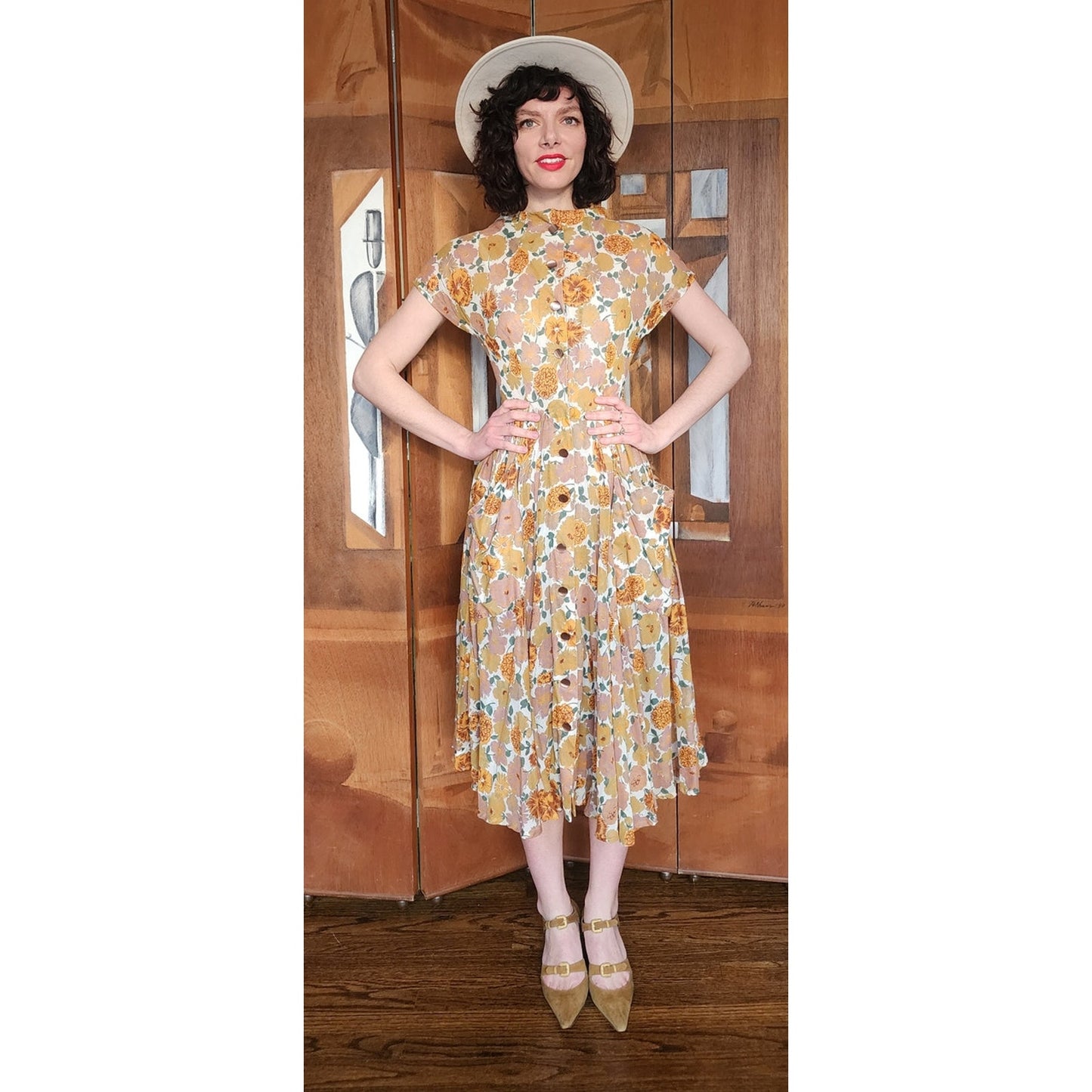 Vintage 40s Floral Print Short Sleeve Button Front Cotton Midi Day Dress w/Pockets Circle Skirt