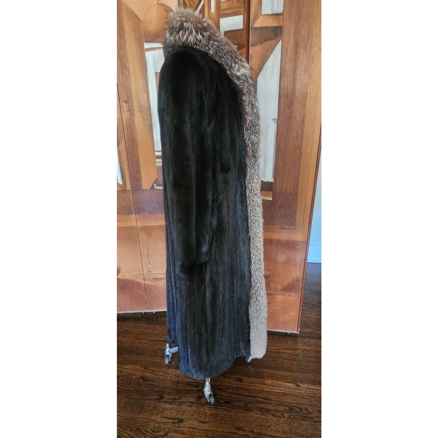 Vintage 80s Ranch Mink Black Fur Coat Long Silver Fox Tuxedo Collar Maxi