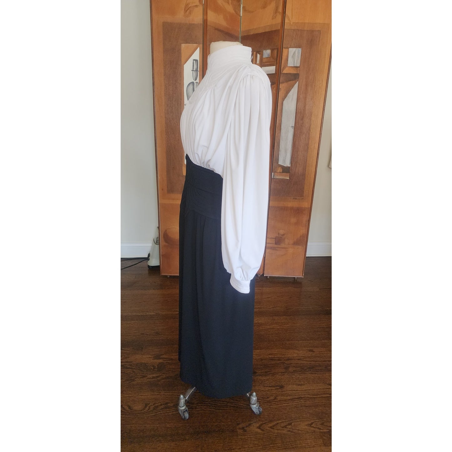 Vintage 80s Neo Edwardian Dress White Ruched Top Black Skirt Long Sleeves / M