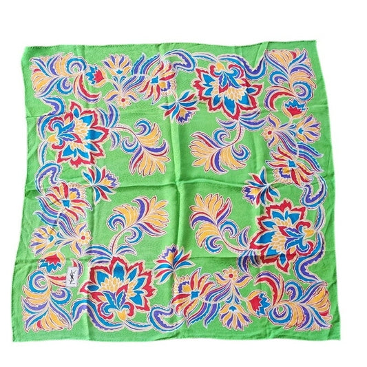 Vintage YSL Scarf Silkprint Square Floral Paisley Green Yves Saint Laurent 70s 80s