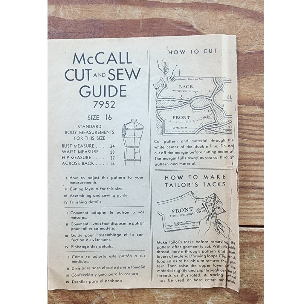 Vintage 30s Sewing Pattern: Ladies Two-Piece Suit McCall 7952 Bust 32