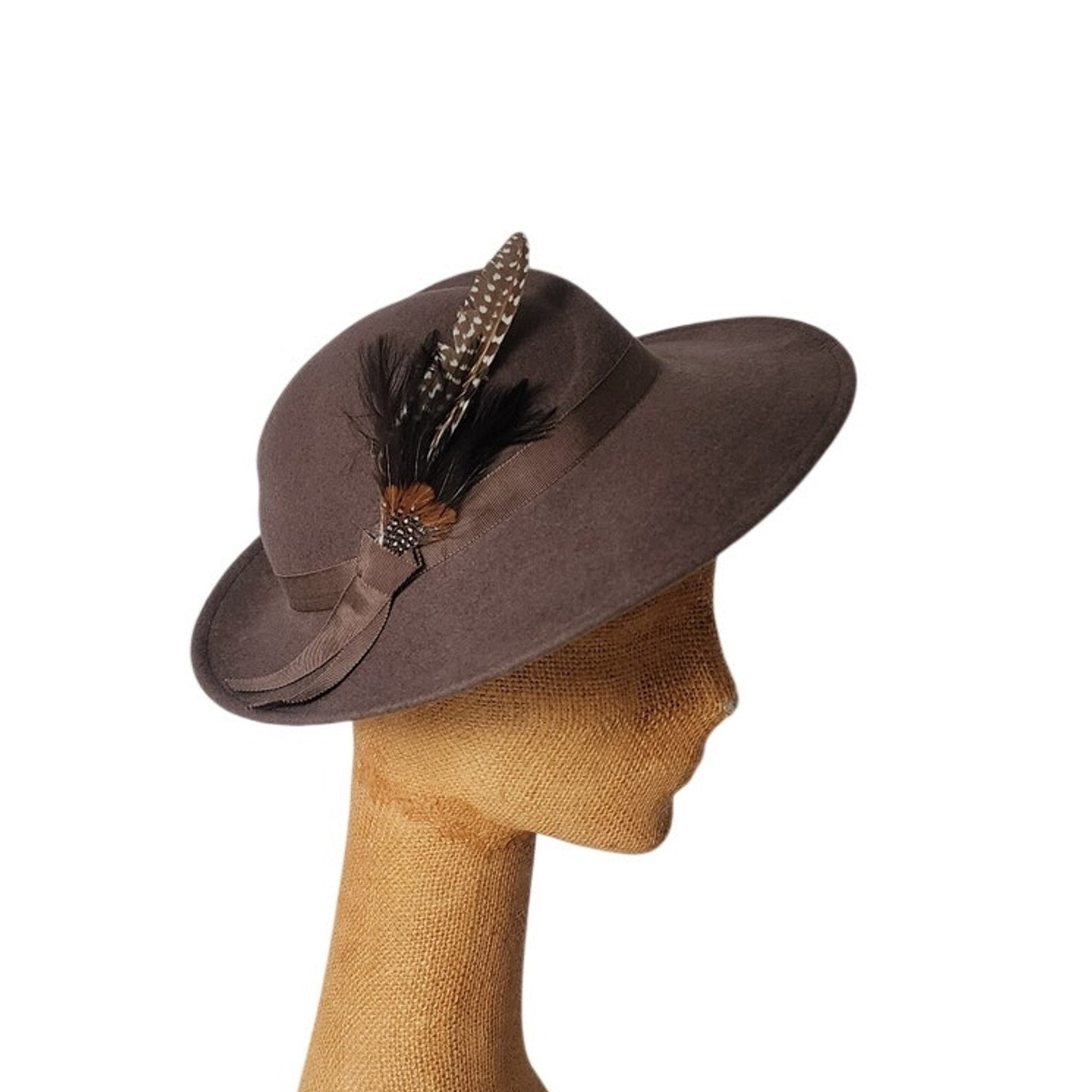 Vintage 1970s Ladies Fedora Hat Brown Wool Wide Brim Feather