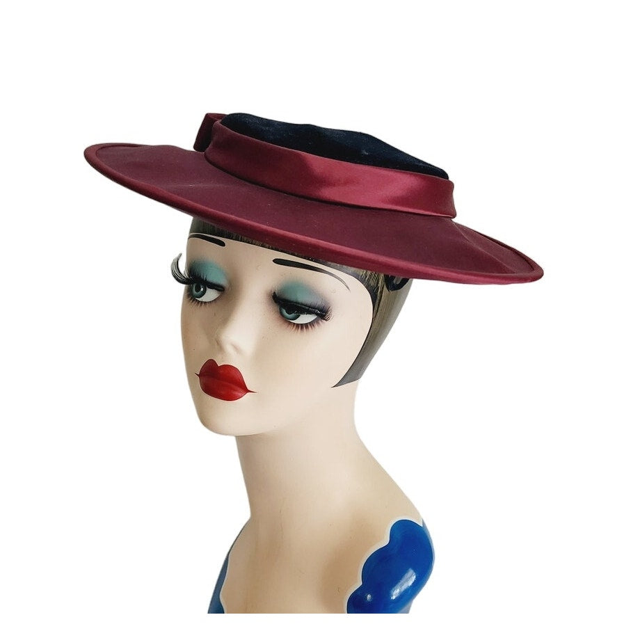 Vintage 50s Saucer Hat Burgundy Red Velet Satin Lytton's