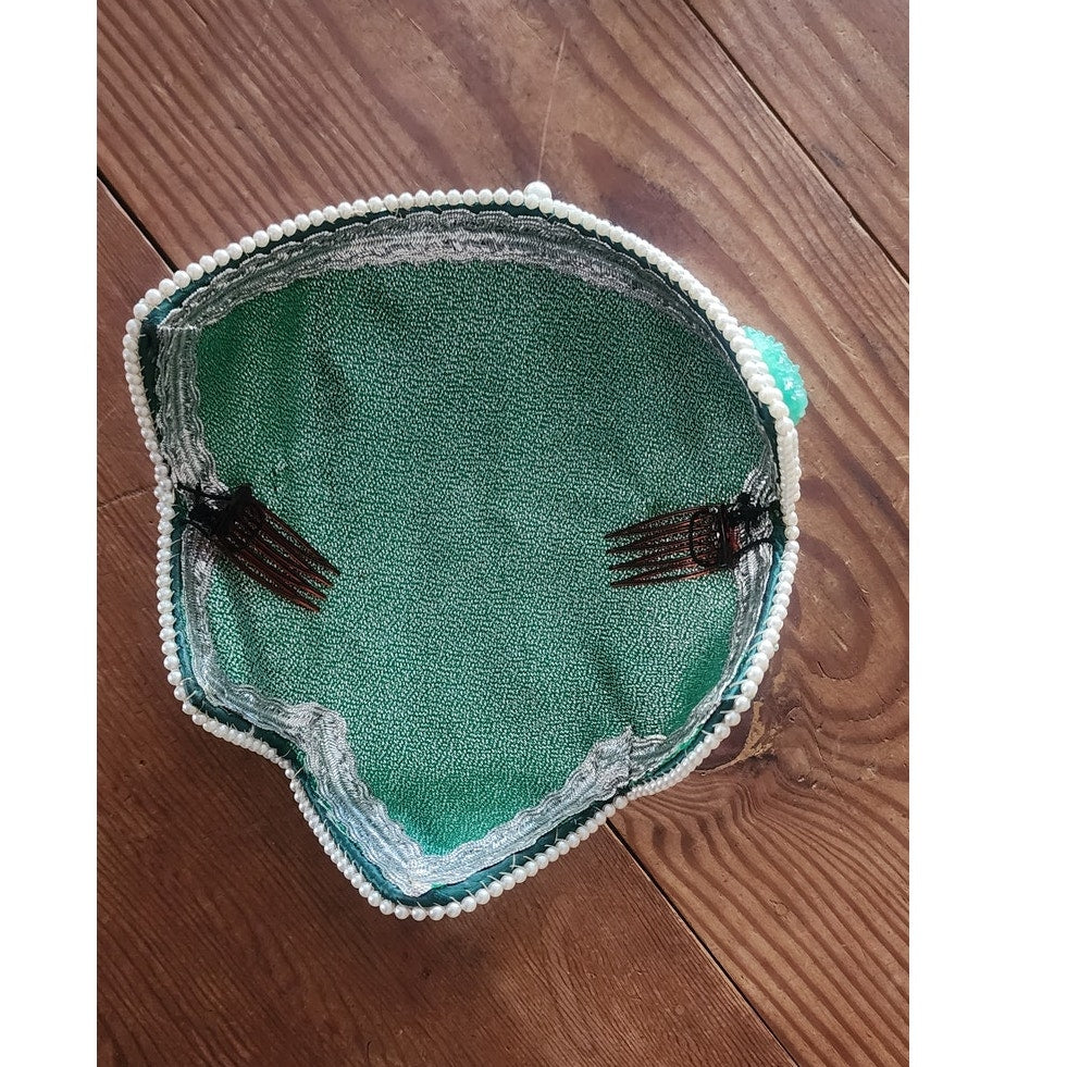 Vintage 1950s Ornate Cocktail Hat Green White Beaded Exotic