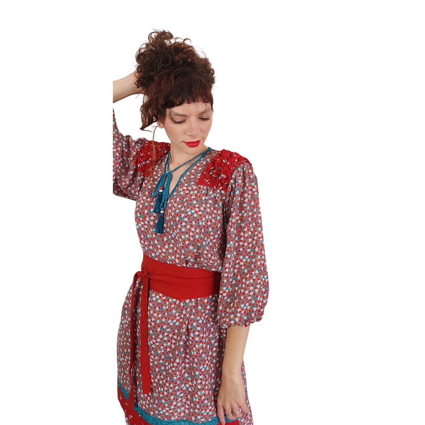 Vintage 1980s Lachine Tunic + Pants Set Polyester Georgette Red Graphic Print / Medium