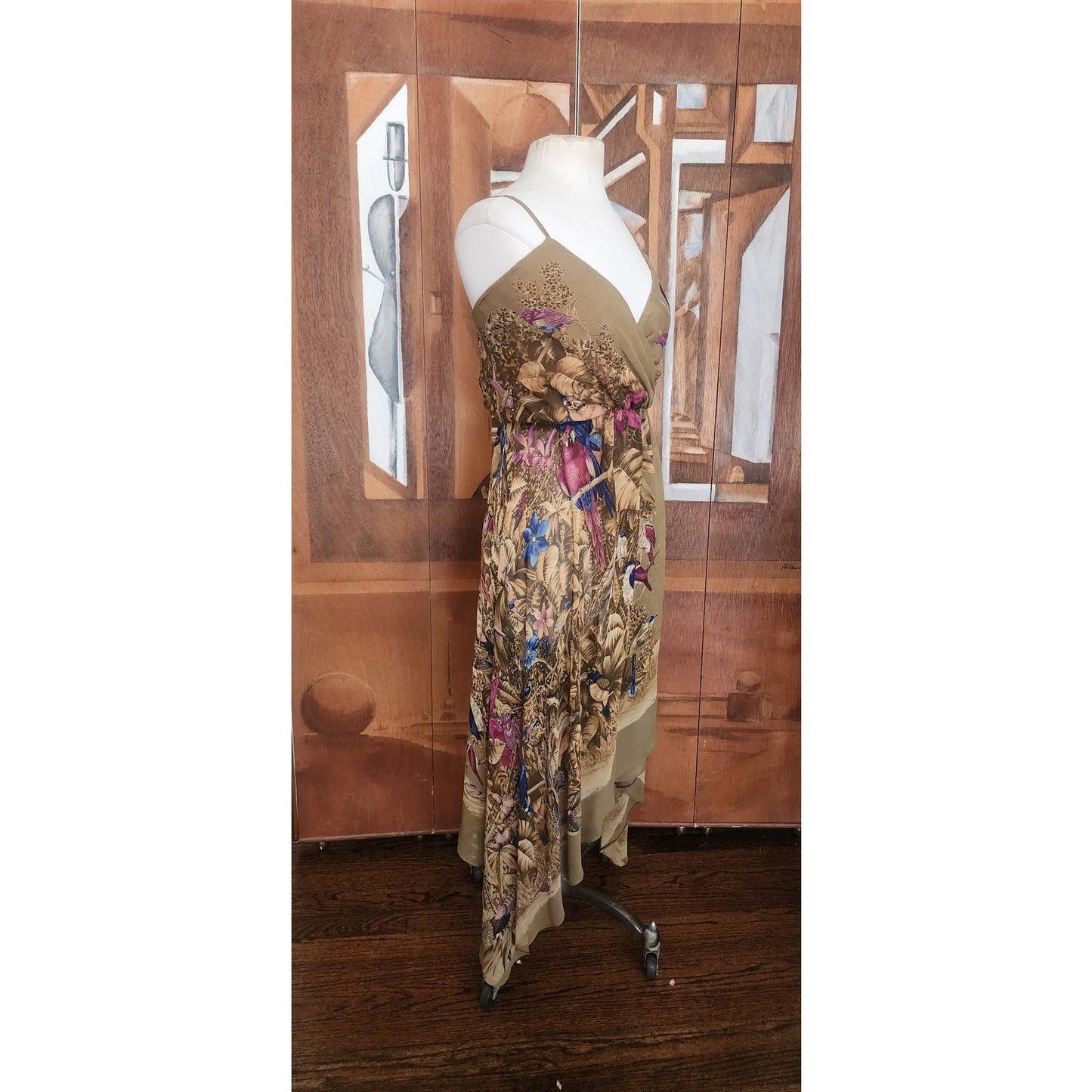 Vintage 1970s Gianni Versace RARE Dress Silk Tropical Parrot Print Spaghetti Straps