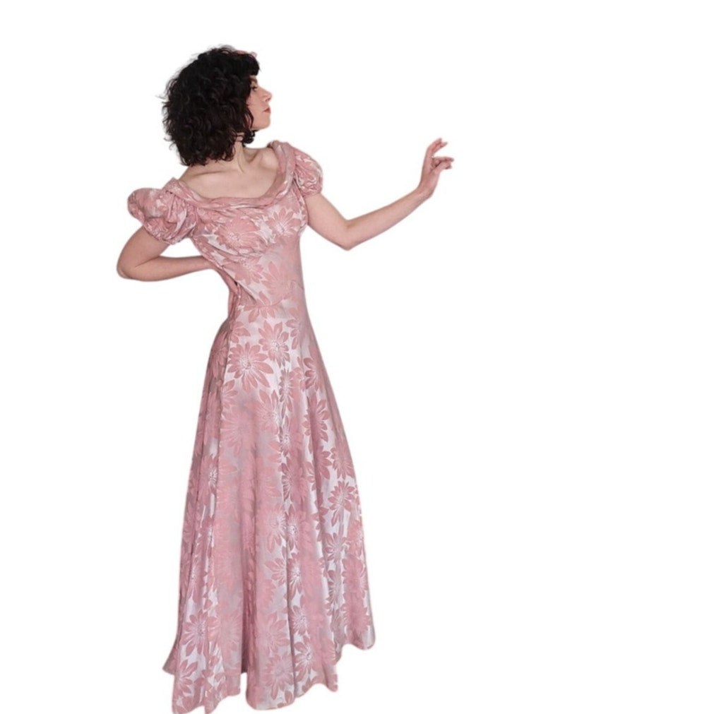 Vintage 30s Vintage Pink Floral Satin Evening Gown Old Hollywood Prom Dress