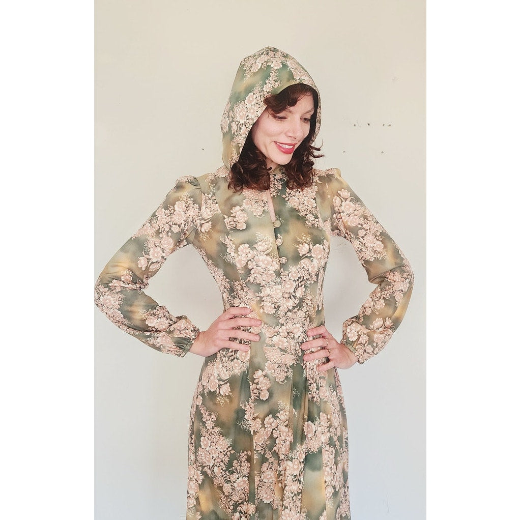 Vintage 1970s Kristie Lou Dress Hooded Floral Maxi Long Sleeve Woodland Fairy