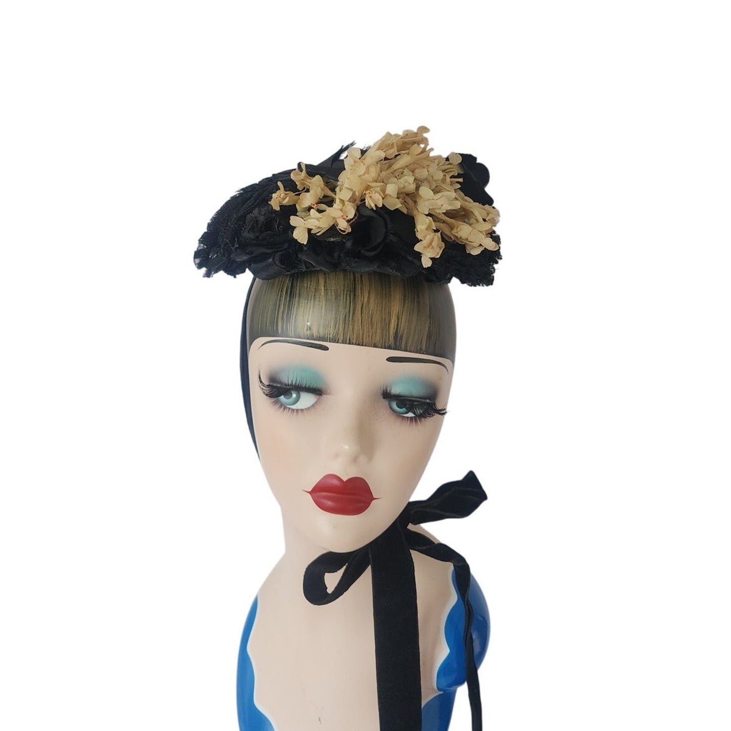 Antique Victorian Hat Black Satin w/Cream Silk Flowers 1800s 19th Century