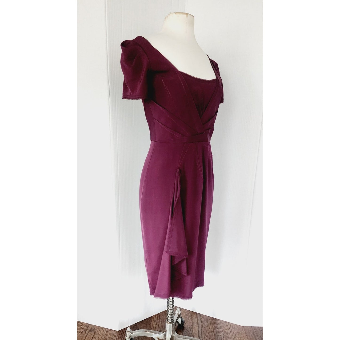Vintage 2000s Zac Posen Dress Plum Purple with Side Waterfall Scarf NWT