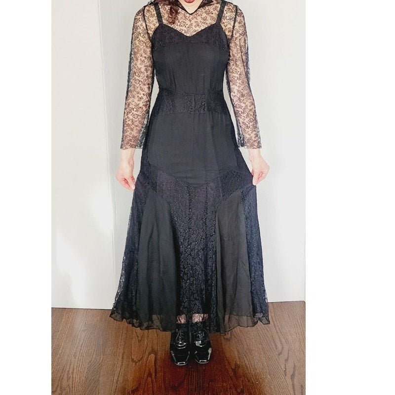 Vintage 30s Evening Dress Black Lace Long Sleeves / S