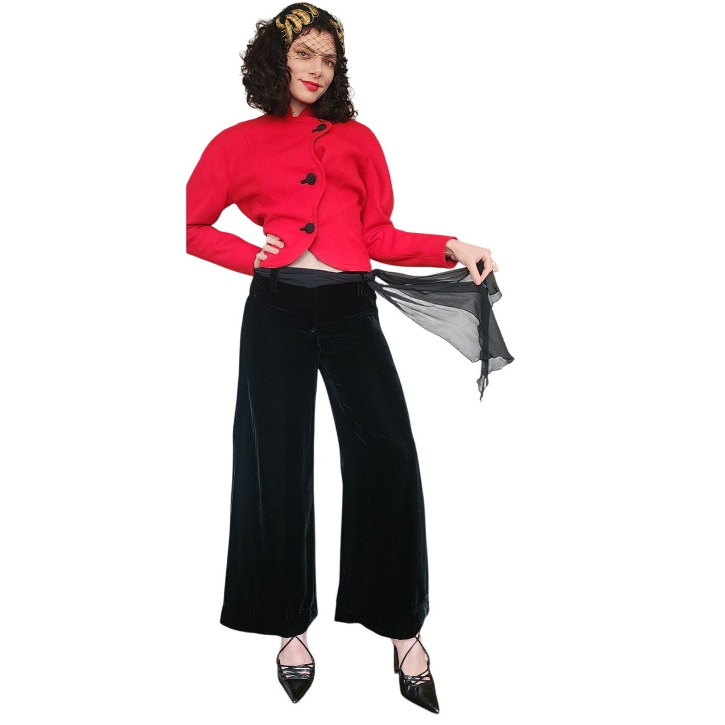 Vintage 2000s Wide Legged Pants Black Velvet w/Silk Tie Scarf Belt ITW Claude Brown / M