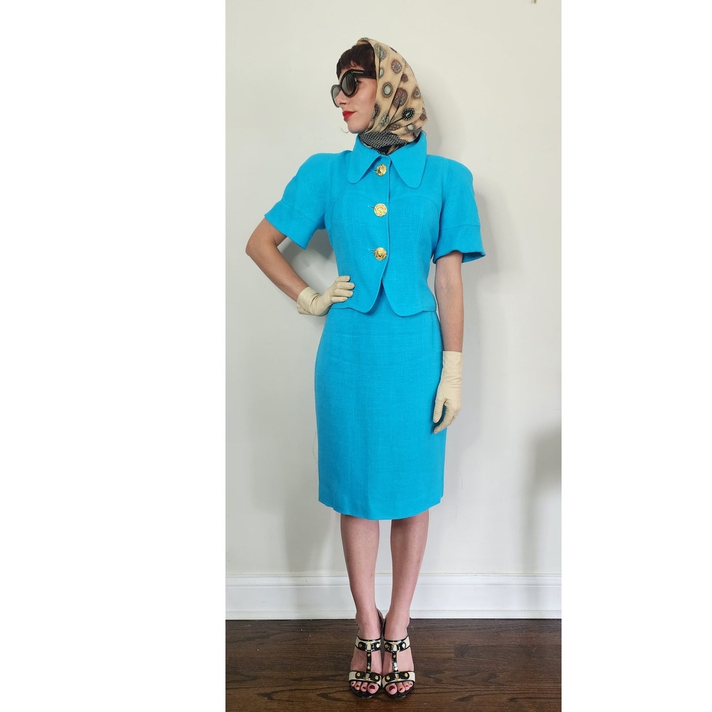 Vintage 90s Christian Lacroix Skirt Suit Turquoise Blue + Gold Buttons / M