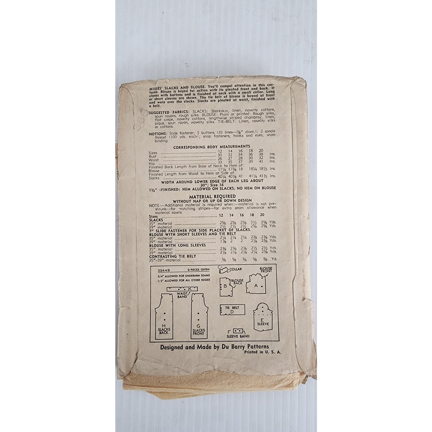 Vintage 30s Sewing Pattern Slacks & Blouse: DuBarry 2244B Bust 36