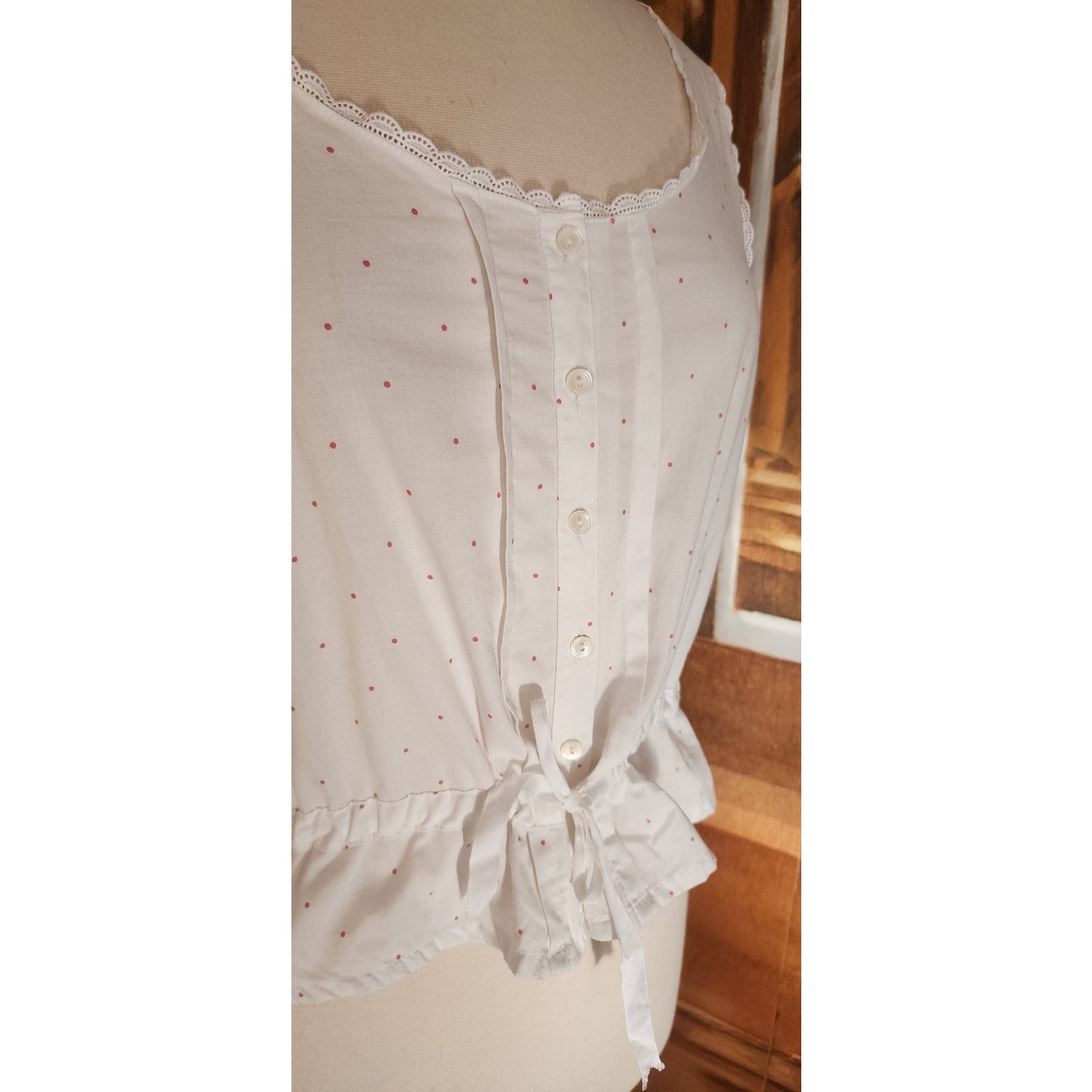 Vintage 80s Laura Ashley White Cotton Eyelet Sleeveless Top Red Micro Polka Dot