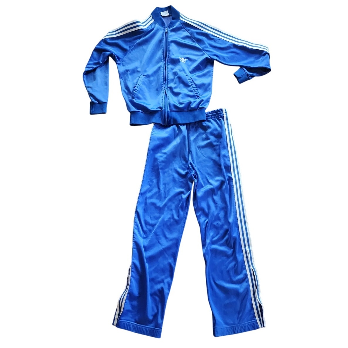 Vintage 1970s ADIDAS Track Suit Blue w/White Stripe Jacket + Pants / Medium
