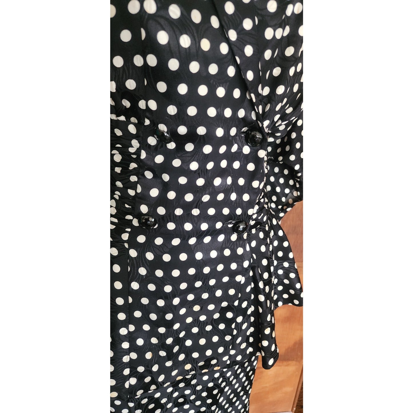 Vintage 80s Saint Romei Neiman Marcus Silk Polka Dot Peplum Jacket Fishtail Skirt Suit Set