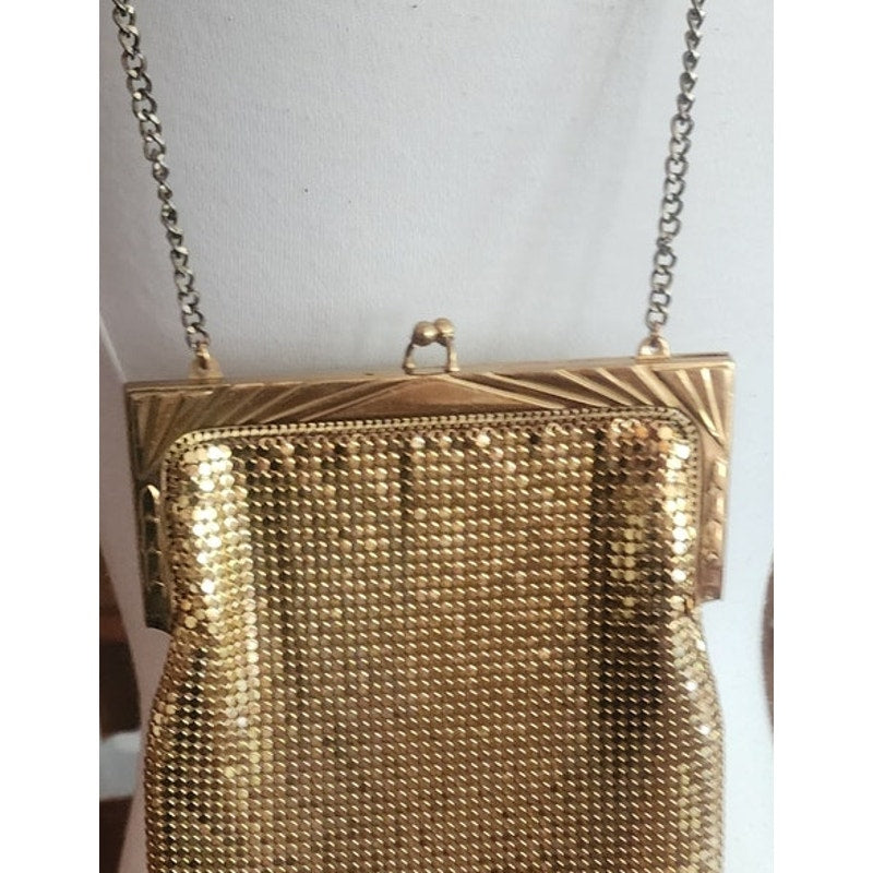 Vintage 50s Whiting & Davis Gold Mesh Bag Dressy Evening Purse Scallop Hem Art Deco Frame