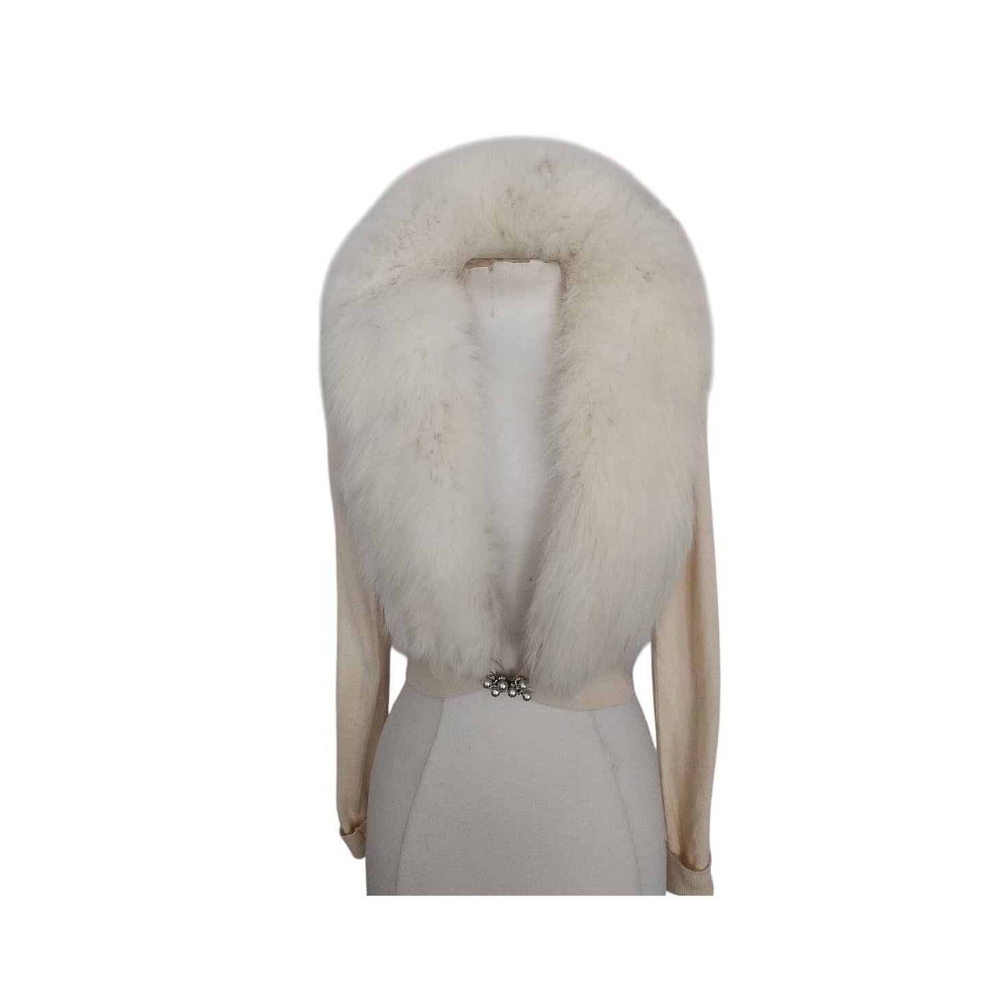 Vintage 1950s Cream Wool Cardigan White Fox Fur Collar Joseph Horne