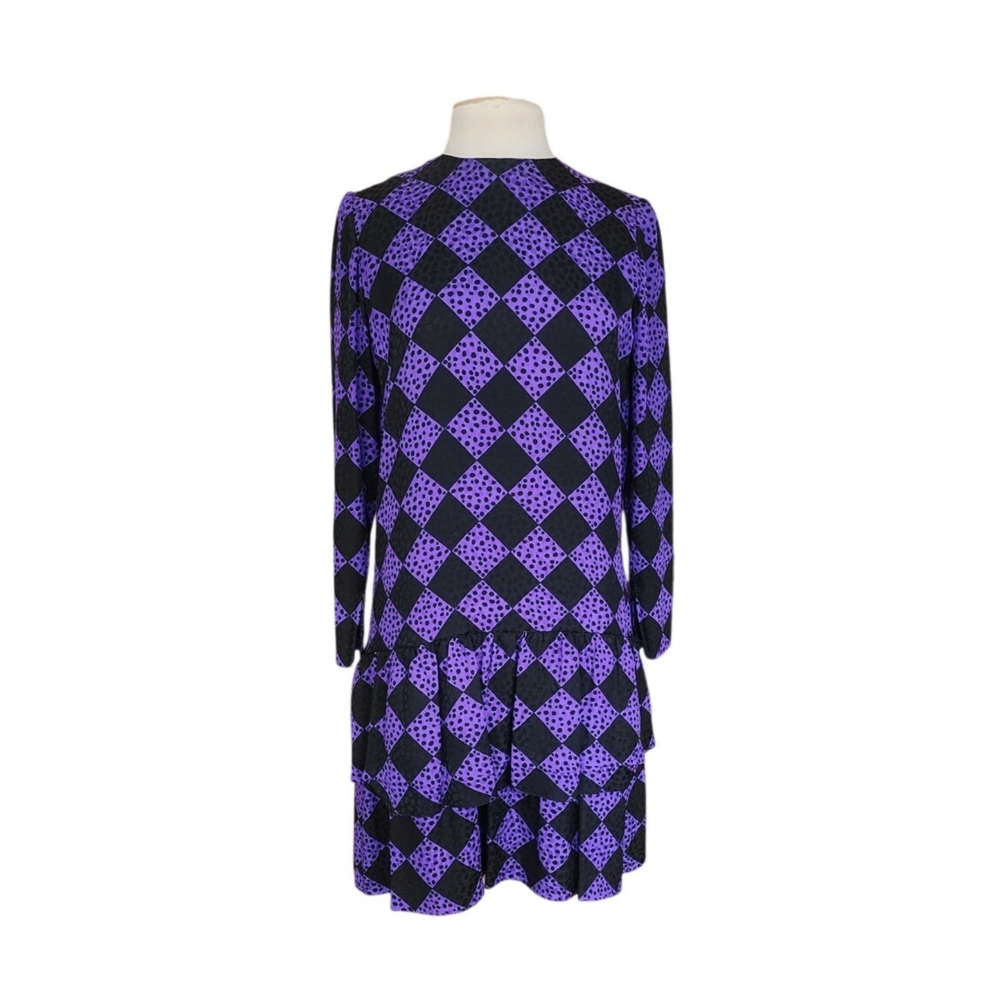 Vintage 1980s GIVENCHY Silkprint Dress Purple Black Harlequin Diamonds Long Sleeved