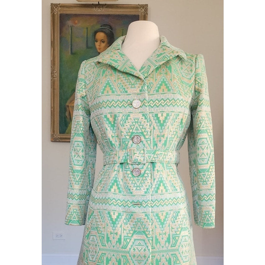 Vintage 1960s Belted Coat Mod Green Print Geometric Abstract Chas A Stevens