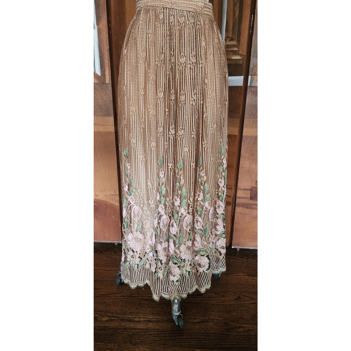Vintage 1970s Jayna New York Dress Set Knit Crochet Top + Skirt Beige Lace Embroidery