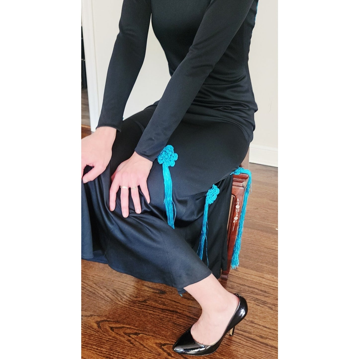 Vintage 80s Evening Dress Black w/Turquoise Knit Open Back Fishtail Skirt Victoria March Chicago