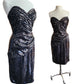 Vintage 80s Tadashi Strapless Dress Black Sequins Ruched Waist