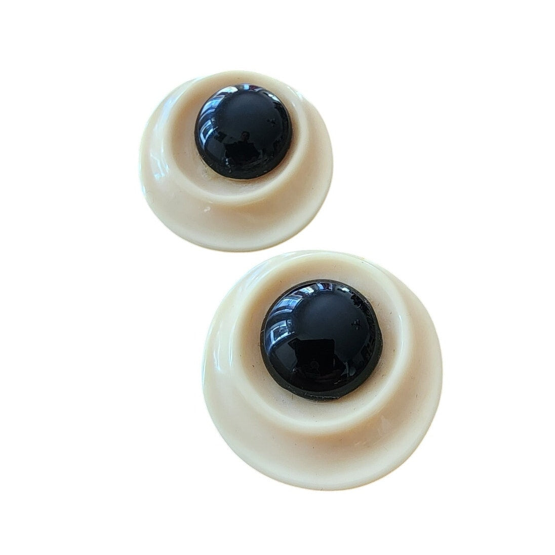 Vintage 60s Mod Button Earrings Cream Black Oversized Geometric Discs