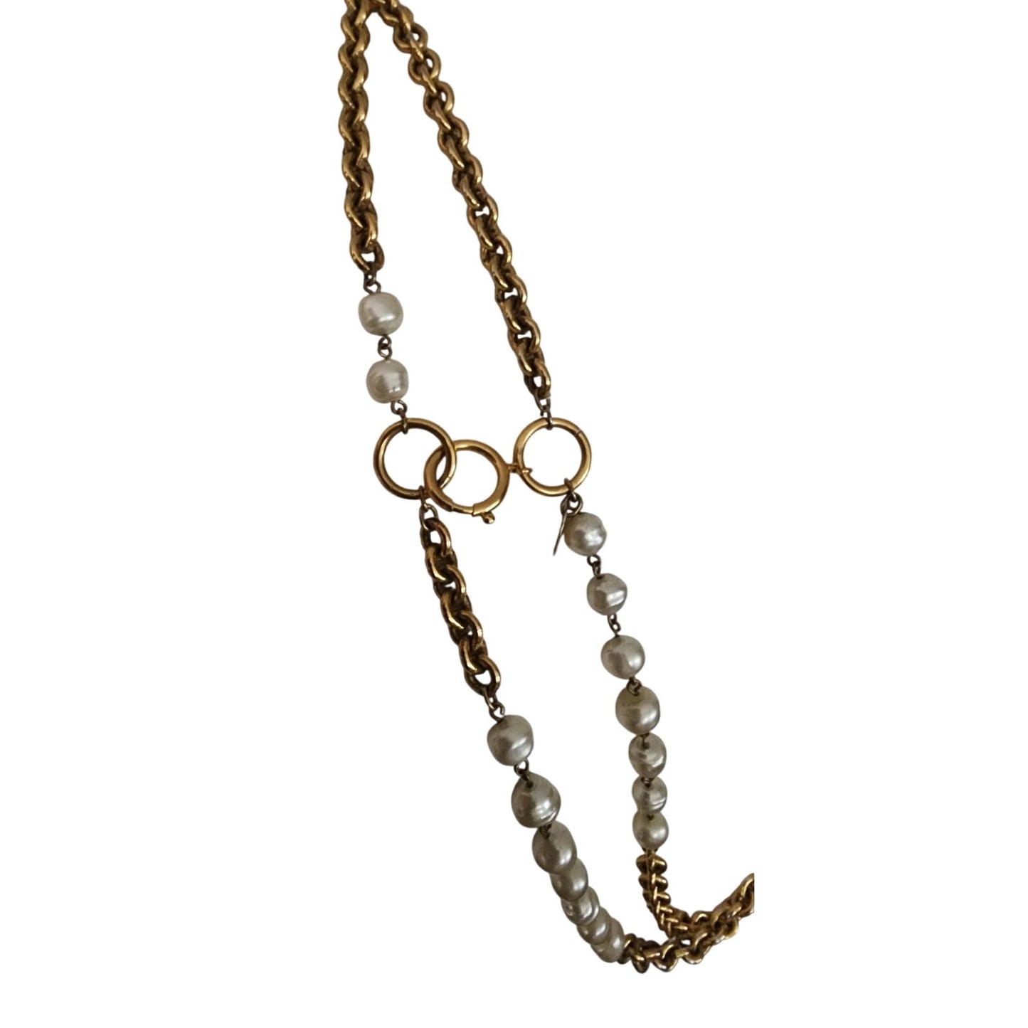 Vintage Chanel 1984 Necklace Double Strand Gold Chain Baroque Pearl Documented Runway Lagerfeld Era